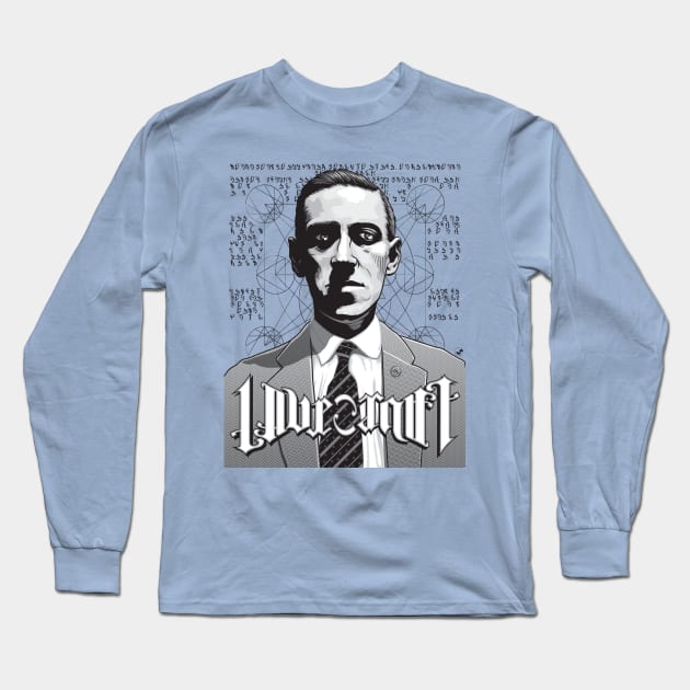 HP Lovecraft Ambigram Portrait - Black Text Long Sleeve T-Shirt by Fire Forge GraFX